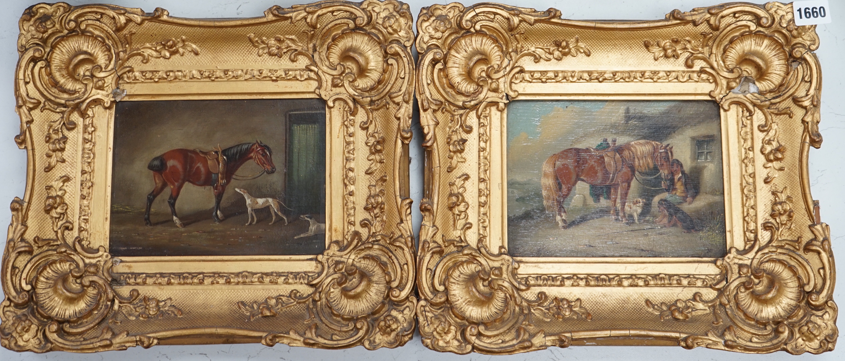 Henry S Cottrell (fl.1840-1860), two oils on board, associated pair of equestrian scenes, one signed, housed in ornate gilt frames, each 42 x 19cm